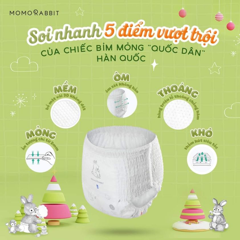 Tã dán cho bé MOMO RABBIT S36d M32d L30d XL28d, bỉm quần siêu mỏng L28q XL22q XXL18q