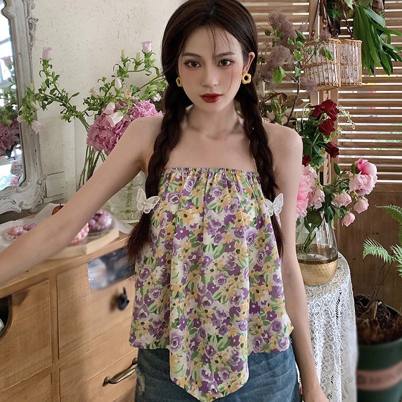 Áo Croptop Hai Dây Hở Lưng In Họa Tiết Hoa Phong Cách Hàn Quốc Ngọt Ngào Cho Nữ | BigBuy360 - bigbuy360.vn