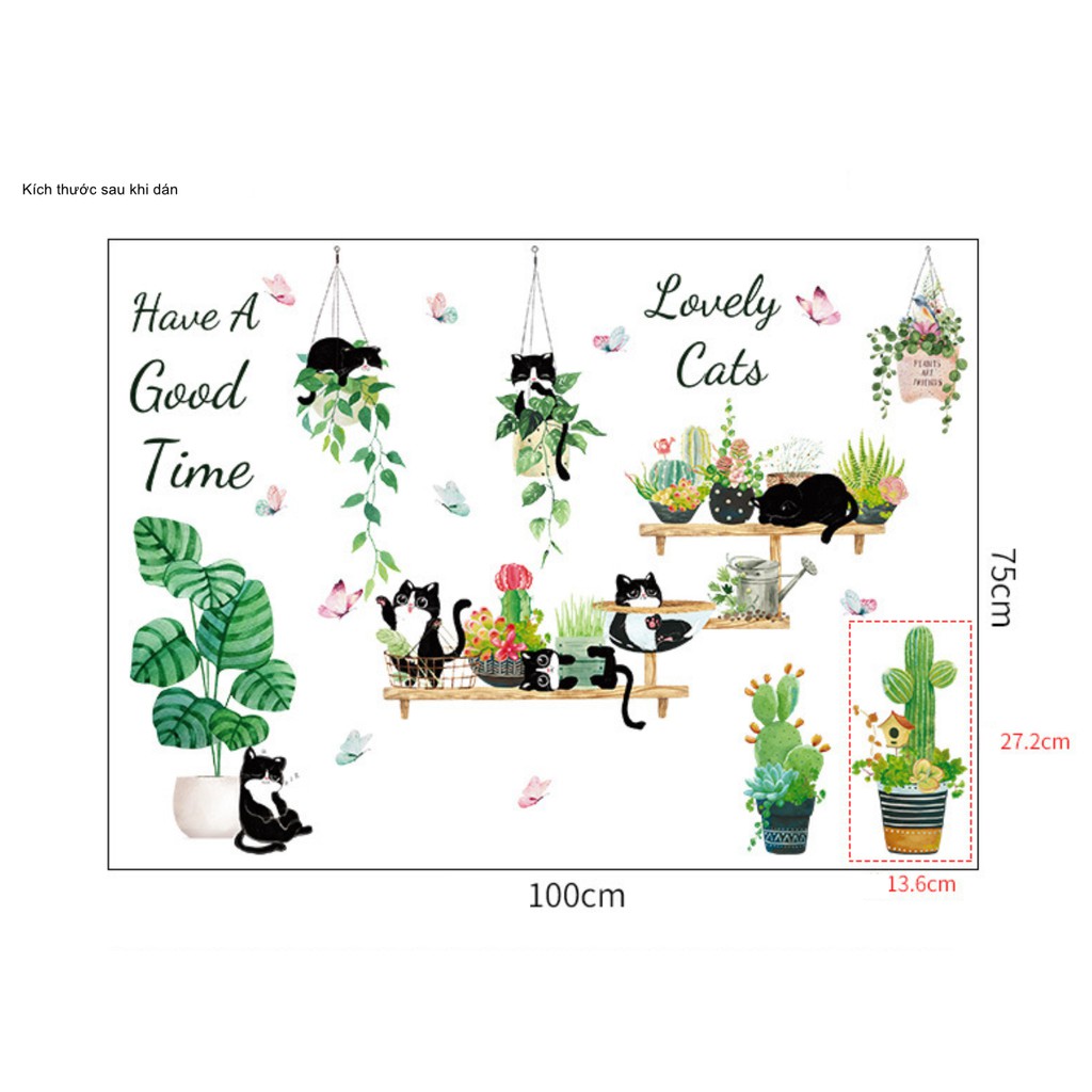 Decal dán tường Cây cảnh và lovely cat