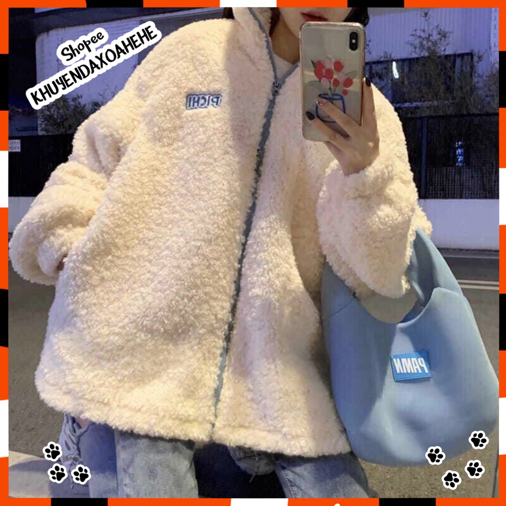 AK007 Áo khoác lông cừu cổ cao tay bồng dáng babydoll cute, Áo lông mùa đông dáng rộng khóa kéo BBD dễ thương
