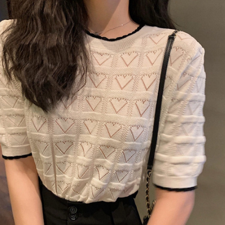 Áo dệt kim ngắn tay phối vải ren kiểu Hàn Quốc retro