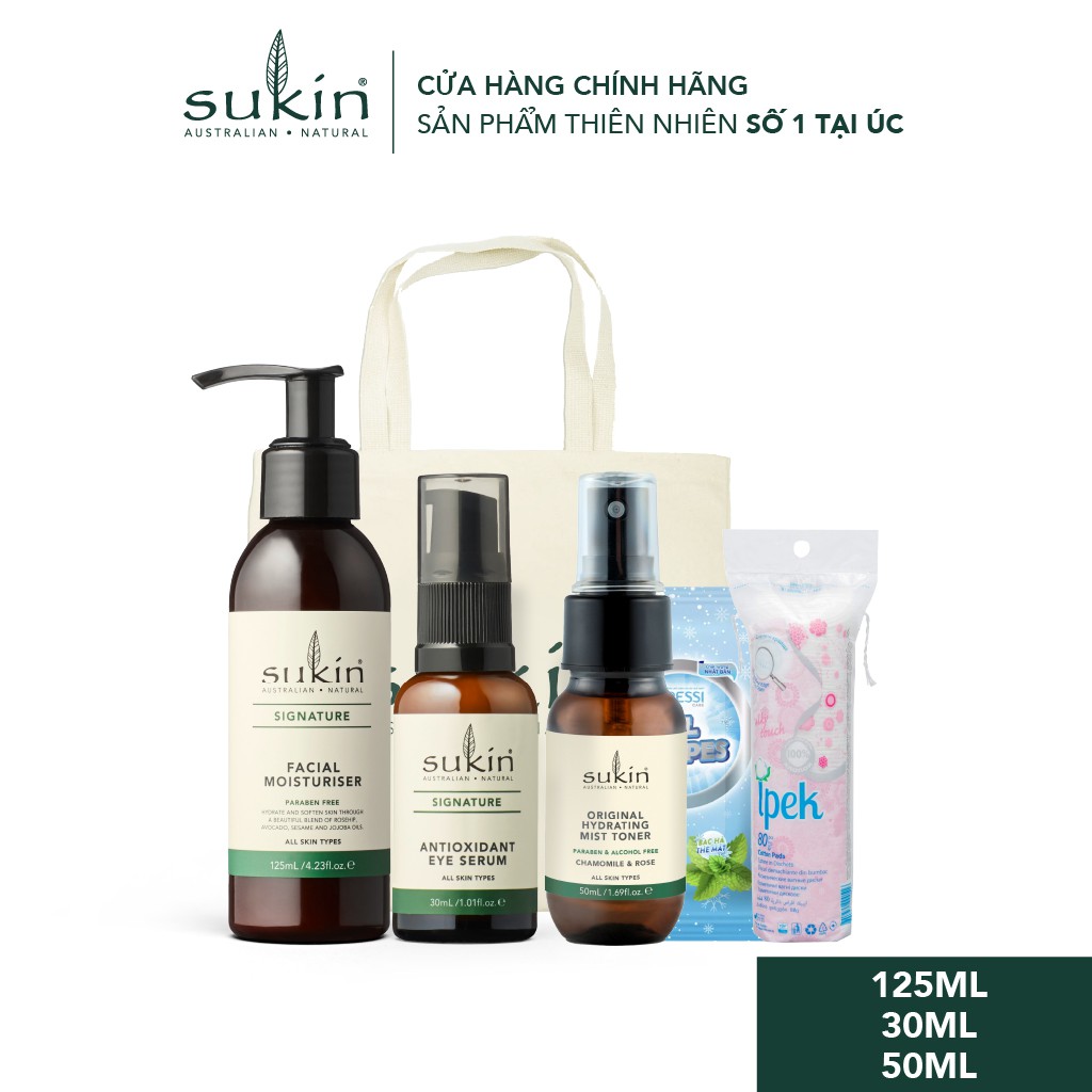 Combo Da Mịn Tươi Trẻ Sukin Kem Dưỡng Ẩm 125ml + Tinh Chất Dưỡng Ẩm Mắt 30ml + Nước Cân Bằng Phun Sương 50ml