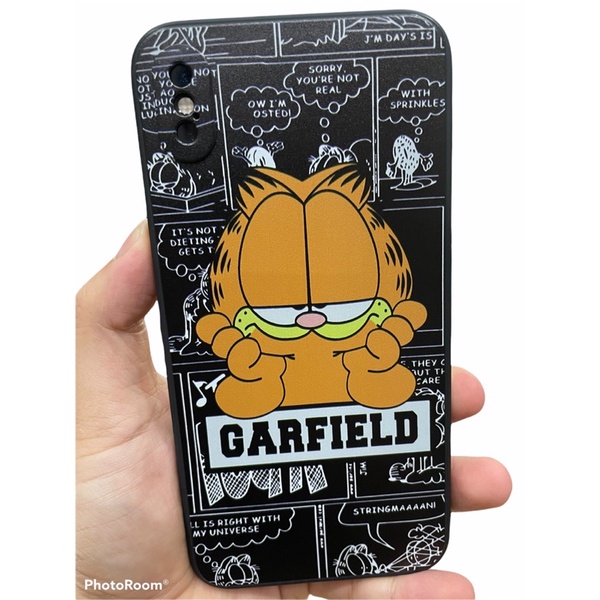 Ốp Silicon hình Mèo Garfield viền vuông cho iPhone 6 đến 12 pro max