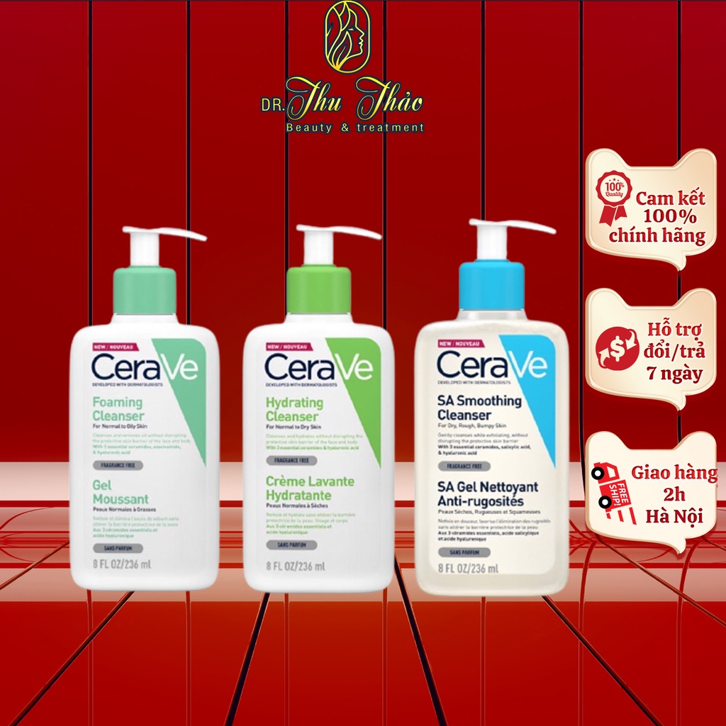 Sữa rửa mặt Cerave Foaming Cleanser, CeraVe Hydrating Cleanser, SA Cleanser cho mọi loại da 88ml, 236ml, 473ml