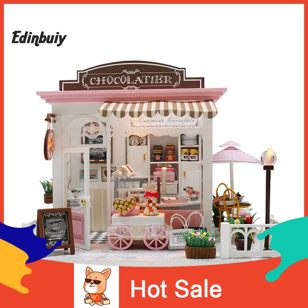 DB DIY LED Miniature Chocolate Shop Doll House Handmade Crafts Desk Decor Kids Toy