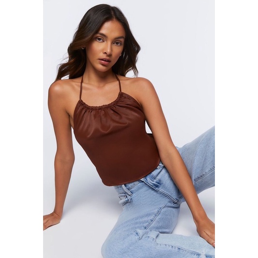 Croptop satin màu chocolate dây buộc chữ T - Satin T-Back Halter Top | Tiam Clothes VNXK
