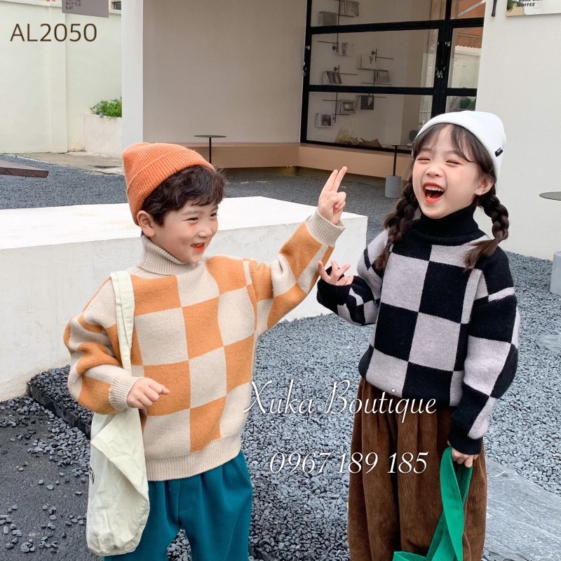 Áo Len Ép Cổ Lọ Quảng Châu Cao Cấp Bé Trai Bé Gái Hình Ô Vuông Xuka Boutique Áo Len Cho Bé Chất Cực Kì Đẹp (Ảnh Thật)