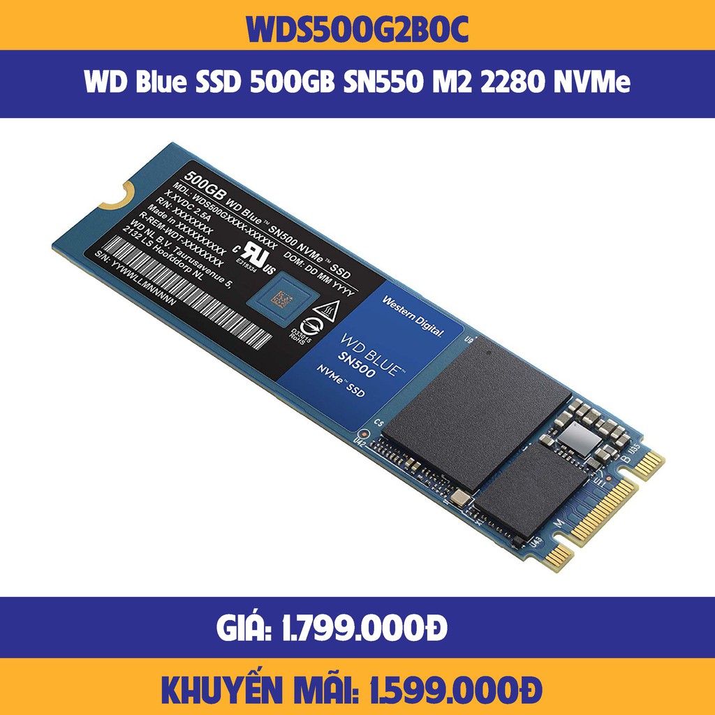 Ổ cứng SSD WD Blue 500GB M.2 SATA III (Đọc 560MB/s - Ghi 530MB/s) - (WDS500G2B0B)-hàng chính hãng