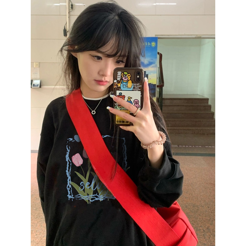 Áo sweater SELVZE tay dài không mũ in họa tiết phong cách Mỹ cổ điển thời trang cho nữ
