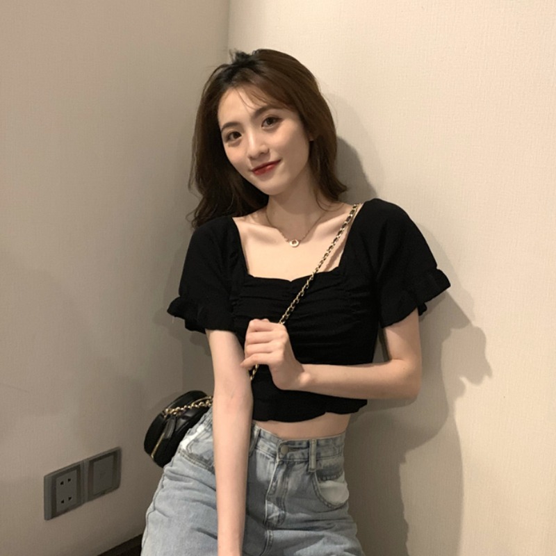 Áo thun COZOK dệt kim tay ngắn cổ vuông hở rốn dáng ôm thời trang cho nữ