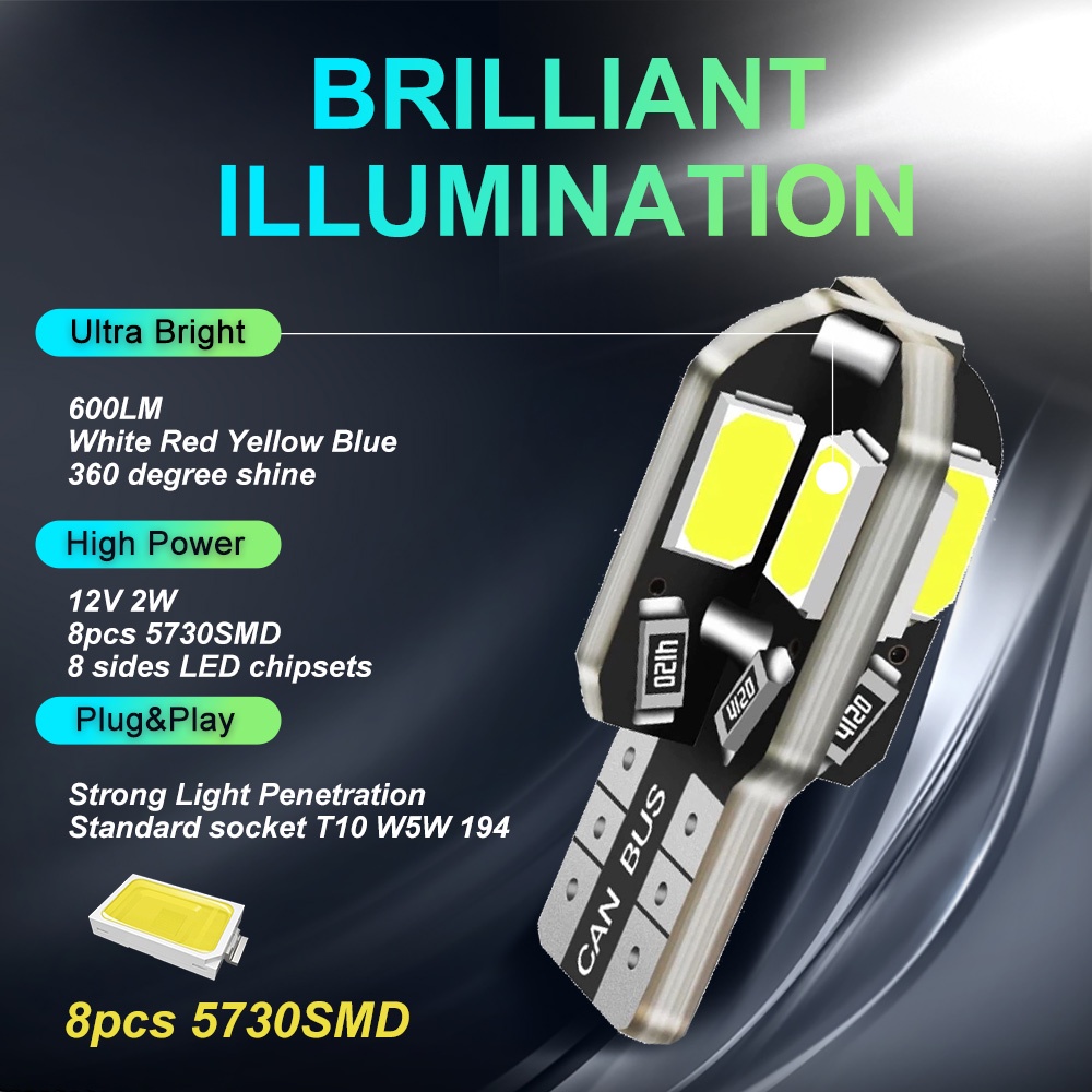 Set 20 Bóng Đèn LED W5W T10 5730 8SMD 12V 6000K 194 168 Dành Cho Ô Tô