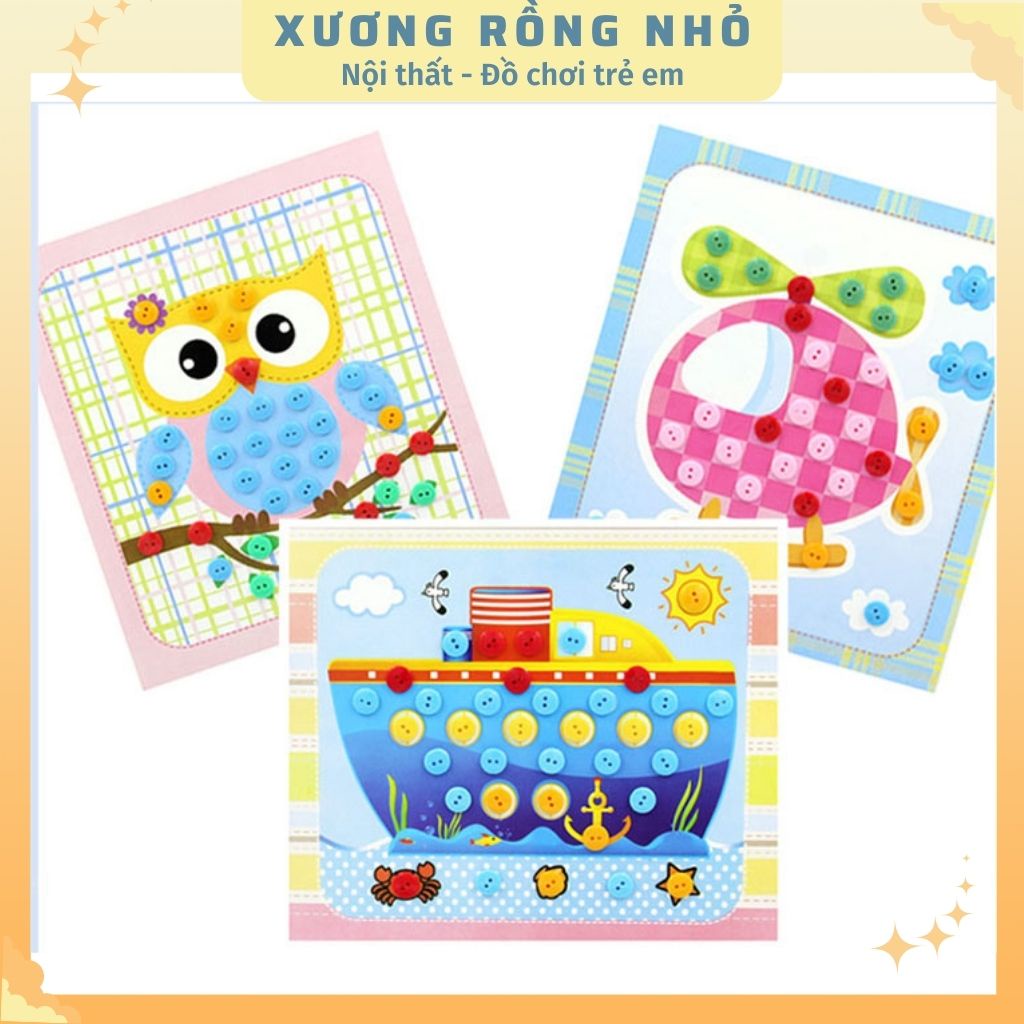 Tranh DIY cho bé, tranh nút áo, tranh đính đá khổ A4, A5 nhiều họa tiết, màu sắc cho bé thỏa sức sáng tạo