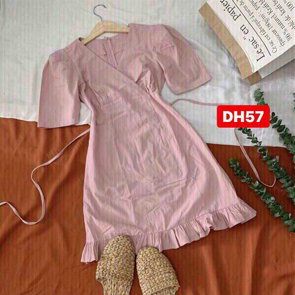 [ Miễn phí ship 2022 ] Đầm hồng kate bèo, váy cổ v tay ngắn đuôi cá cột dây sau lưng xinh xắn, dễ thương