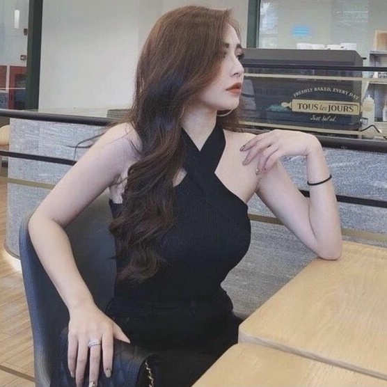 Áo croptop cổ chéo mặc 2 kiểu vải tăm co giãn hàng đẹp Shynstores