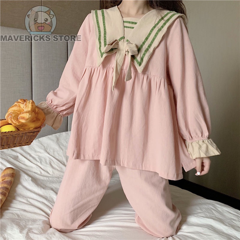 Bộ Đồ Ngủ Tay Dài Đính Nơ Dễ Thương Phong Cách Hàn Quốc Cho Nữ