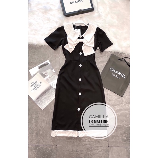 ✨ĐẦM ĐEN DÀI✨Đầm đen dài xoè nơ trắng cúc dọc thân | BigBuy360 - bigbuy360.vn