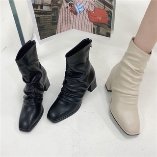 Giầy Bốt Nữ Boot Nhăn Da lỳ Cổ Thấp Cao Cấp Gót Vuông 5 Phân