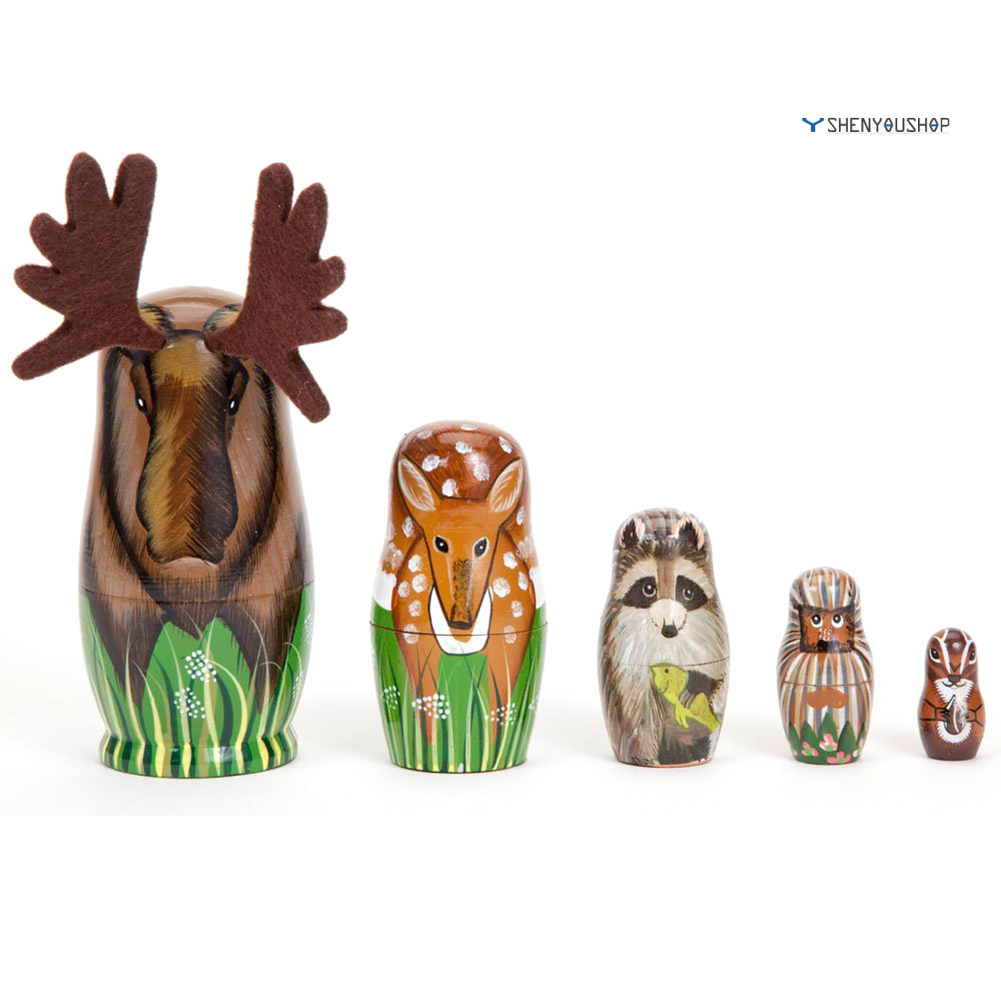 Set 5 Búp Bê Matryoshka Bằng Gỗ Vẽ Tay Hình Động Vật Dễ Thương