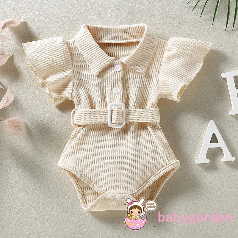 Bộ Áo Liền Quần Cổ Bẻ Màu Trơn Kèm Thắt Lưng Thời Trang Mùa Hè Cho Bé Gái 0-24 Tháng Tuổi