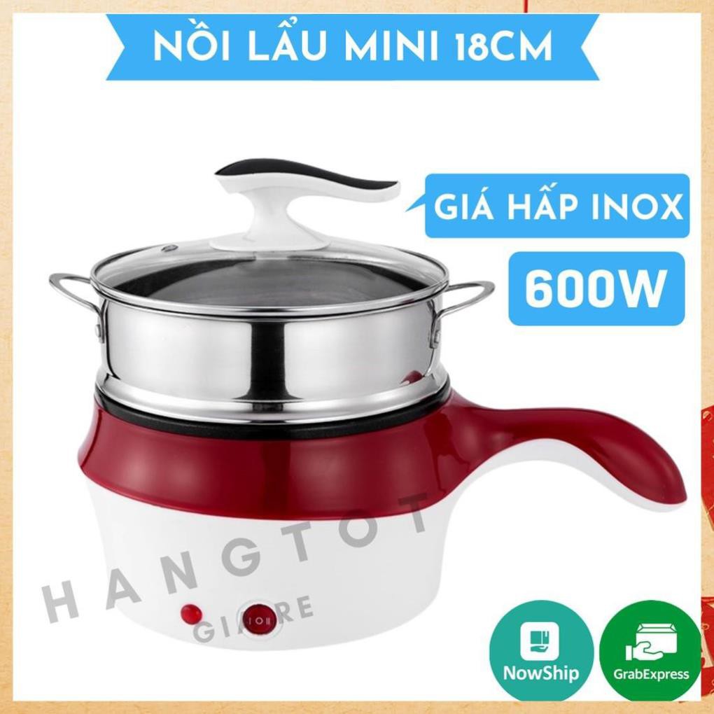 Nồi Lẩu Điện Mini,Ca Nấu Mì Đa Năng 2 Tầng Cao Cấp 18cm - Kèm Giá Hấp,Có Tay Cầm Tiện Dụng