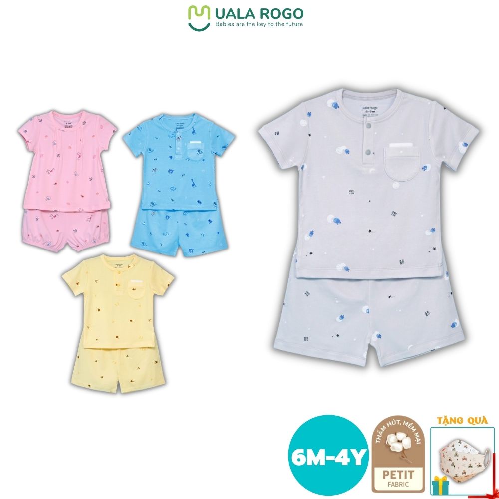 Bộ cộc tay bé trai bé gái Uala rogo 6 tháng - 4 tuổi vải Petit mềm mại thoáng mát cúc bấm cổ tròn quần áo trẻ em UR2236