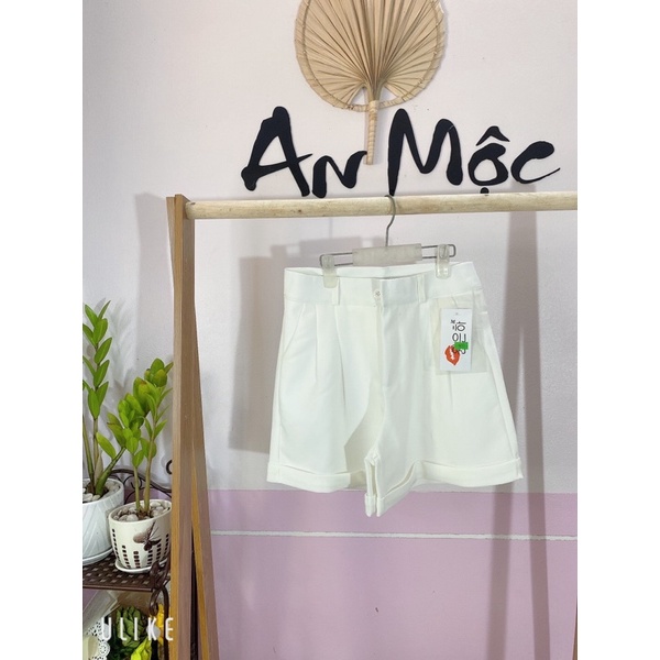 [Mã 44FASHIONSALE20 giảm 10K đơn 50K] [ AN MỘC] Quần short đùi trắng ống rộng lưng cao xếp ly gập gấu sang xịn mịn