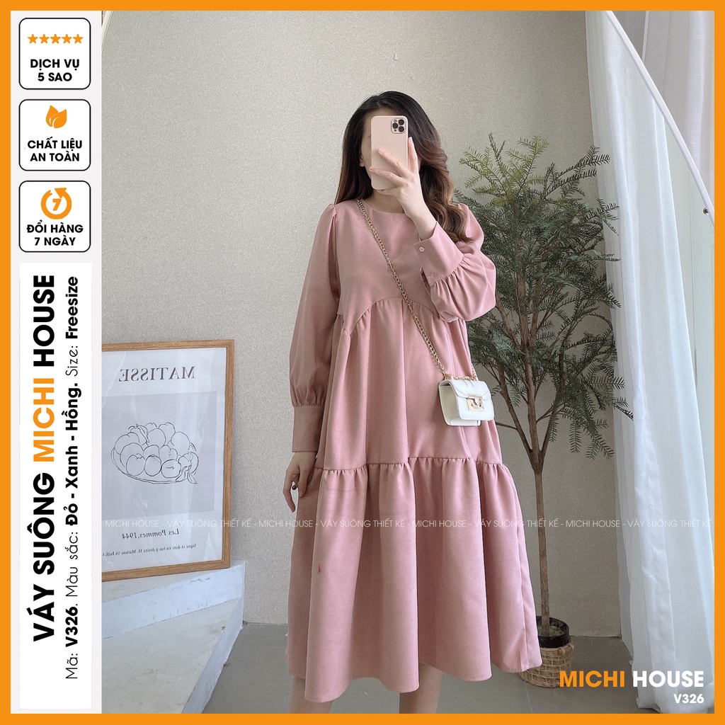 Đầm Suông Dài Thiết Kế Dáng Xuông Rộng MICHI House Váy Xuông Nhung Cổ Tròn Dài Tay Freesize Thu Đông Mặc Bầu Xinh V326 | BigBuy360 - bigbuy360.vn