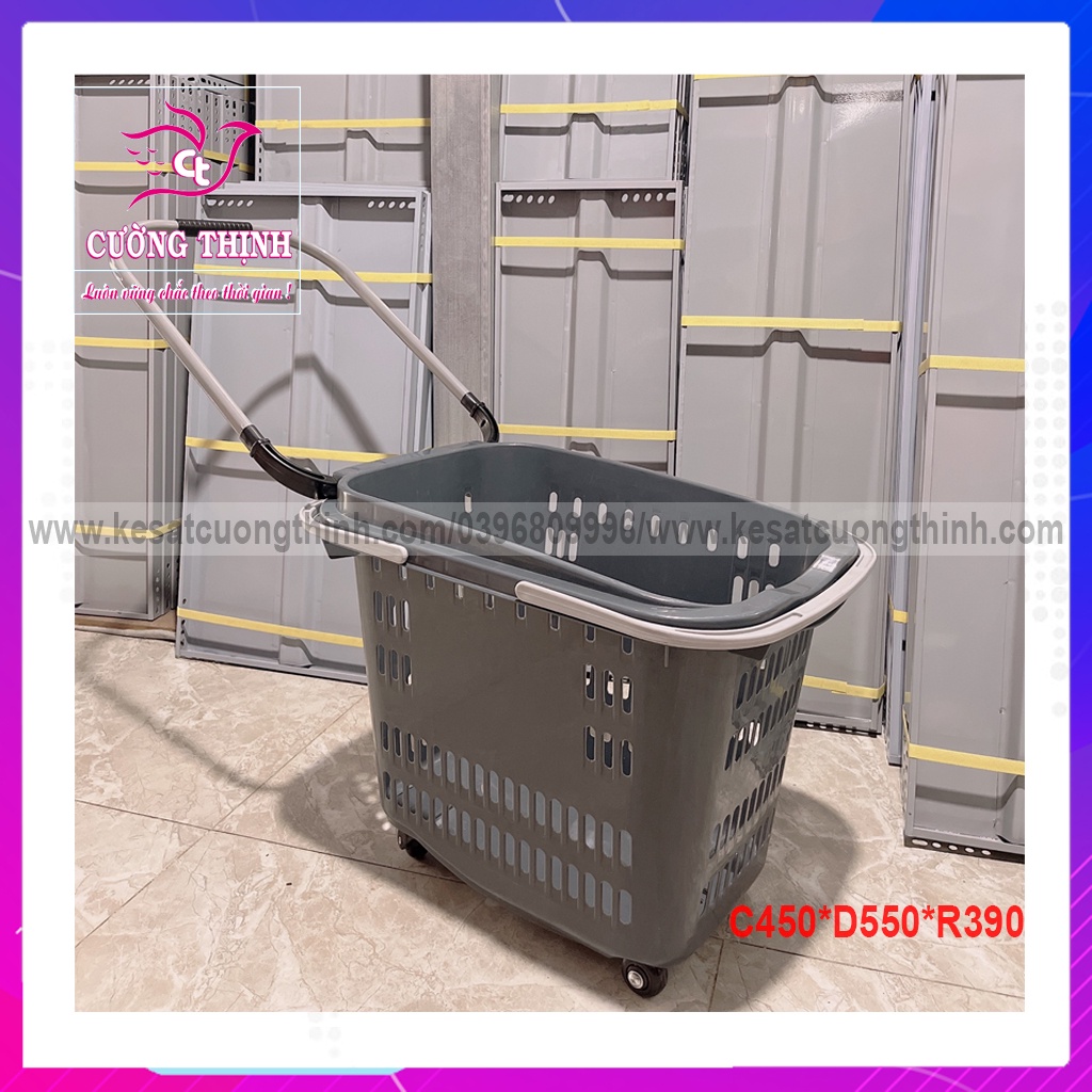 Giỏ kéo siêu thị, Tay ngả, sản phẩm giúp cho khách hàng đi siêu thị, mua sắm dễ dàng hơn.