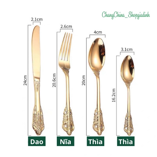 Bộ Thìa Dao Dĩa cao cấp thép 304 mạ vàng phong cách Hoàng gia Châu âu