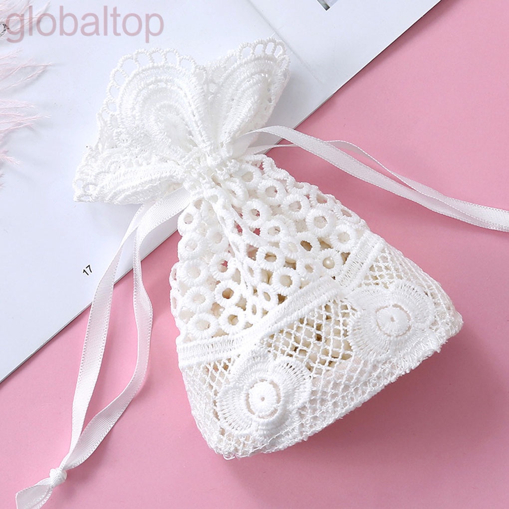 Túi dây rút đựng trang sức bằng vải lanh cotton phối ren màu trắng