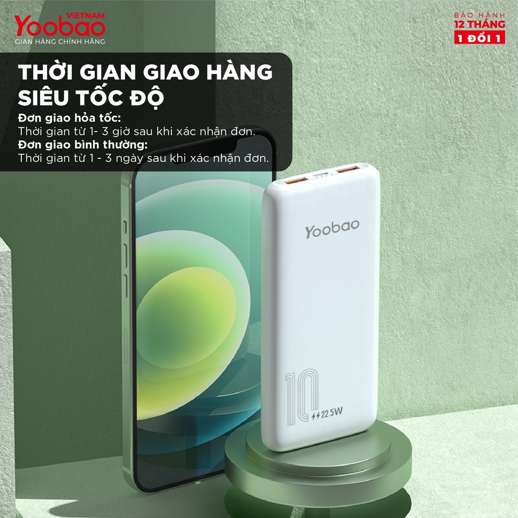 Sạc dự phòng Sạc nhanh YOOBAO D10Q 10000mAh Sạc Nhanh Cổng USB Kép Pin Polymer Cao Cấp - Hàng phân phối chính hãng