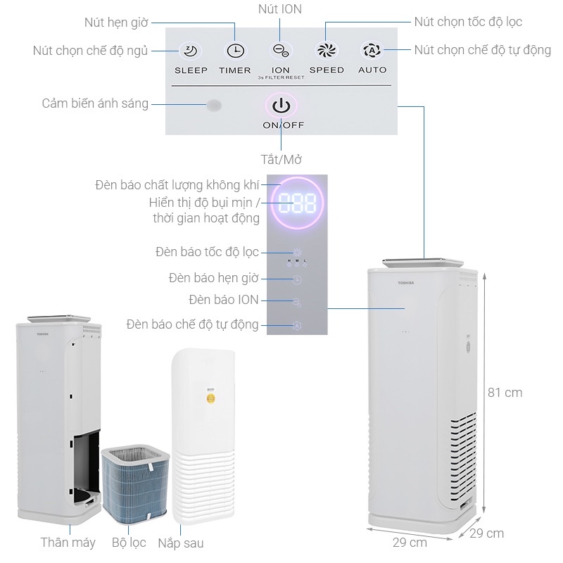 [Chính Hãng] Máy lọc không khí bụi mịn PM2.5 cao cấp Toshiba CAF-N50(W)VN, lỗi 1 đổi 1, bảo hành 12 tháng toàn quốc