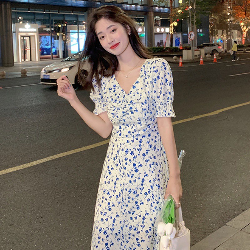 Đầm Hoa Xanh Thời Trang Mùa Hè Phong Cách Hàn Quốc Cho Nữ