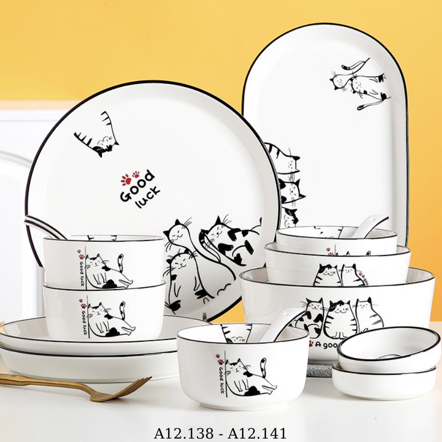 Bộ bát 🍃 Bộ chén đĩa sứ cho 2 đến 4 người màu trắng họa tiết đen hình chú mèo