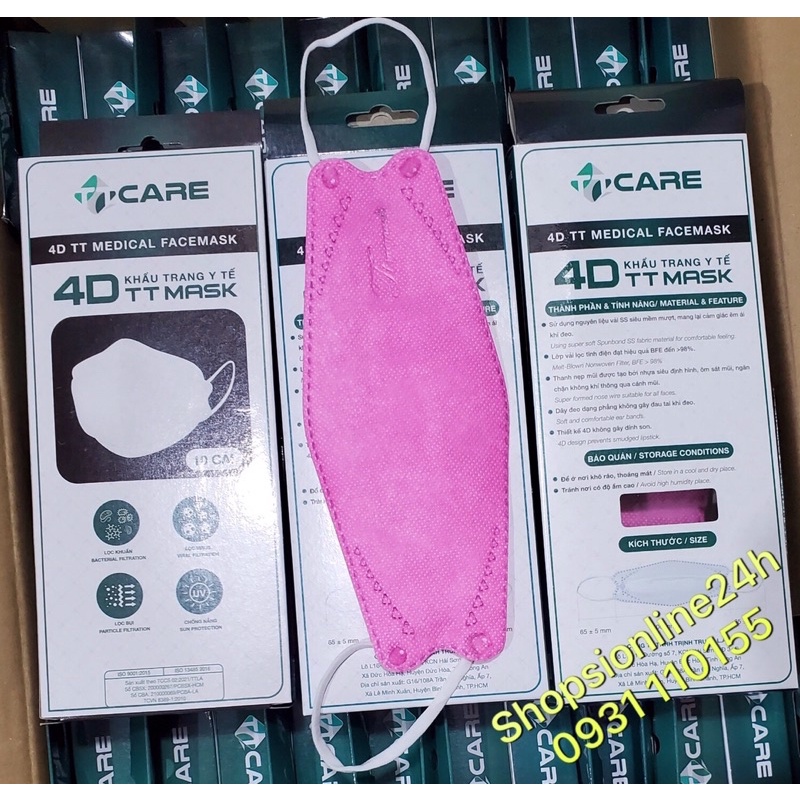 ✅ Hộp 10 cái khẩu trang y tế kf94 - 4D TTCare cao cấp màu Hồng