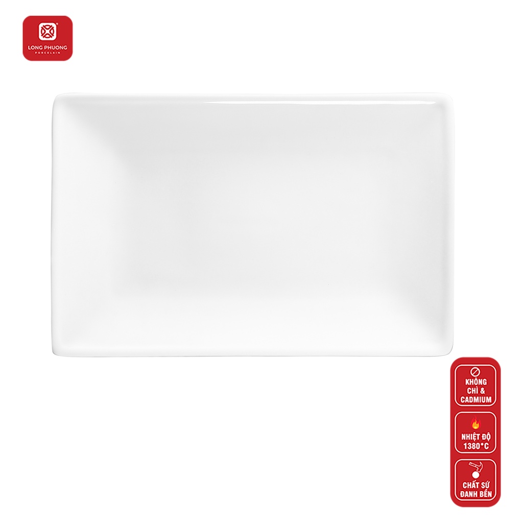 Khay chữ nhật Long Phương đựng đồ ăn bằng sứ trắng cao cấp size 25-30 cm