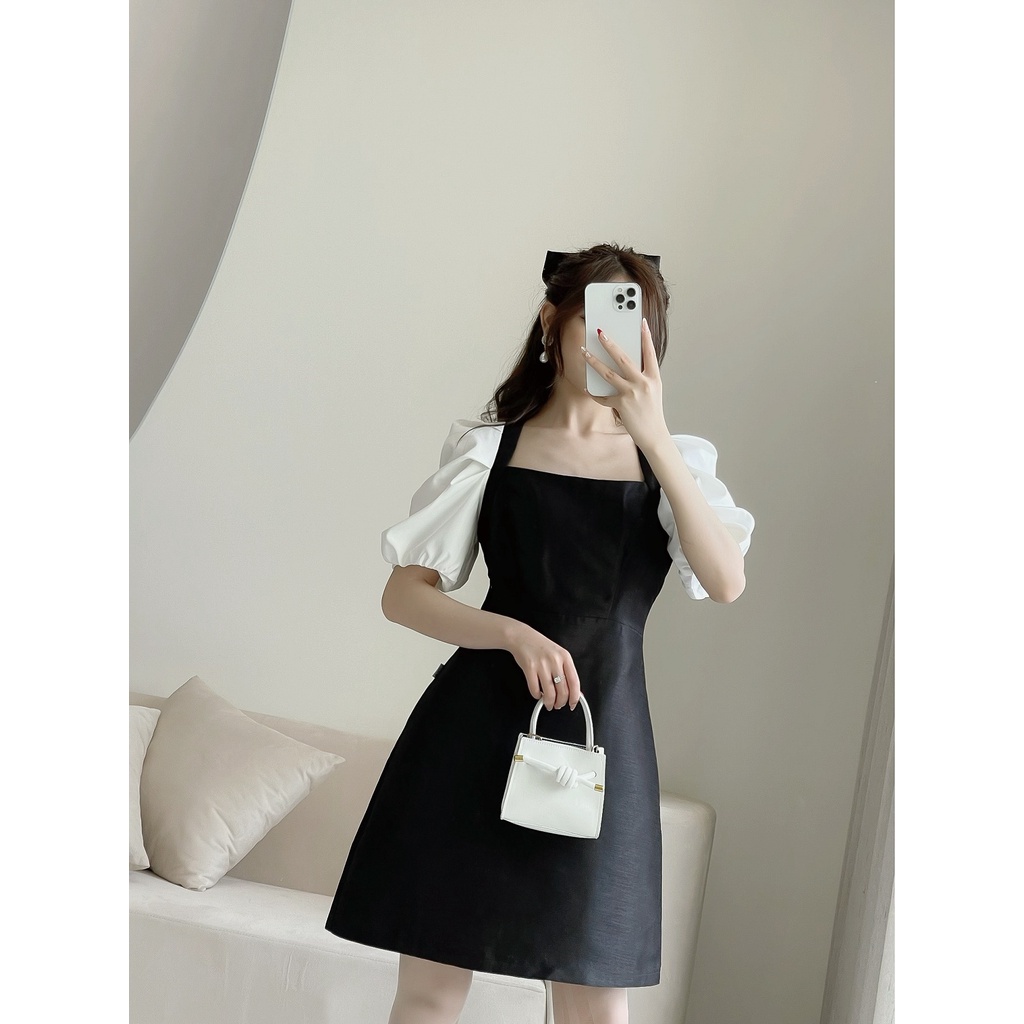 Váy cổ vuông tay bồng LYRA thiết kế, chất tapta màu đen dáng xòe lên form tôn dáng sang chảnh-LWTVD400