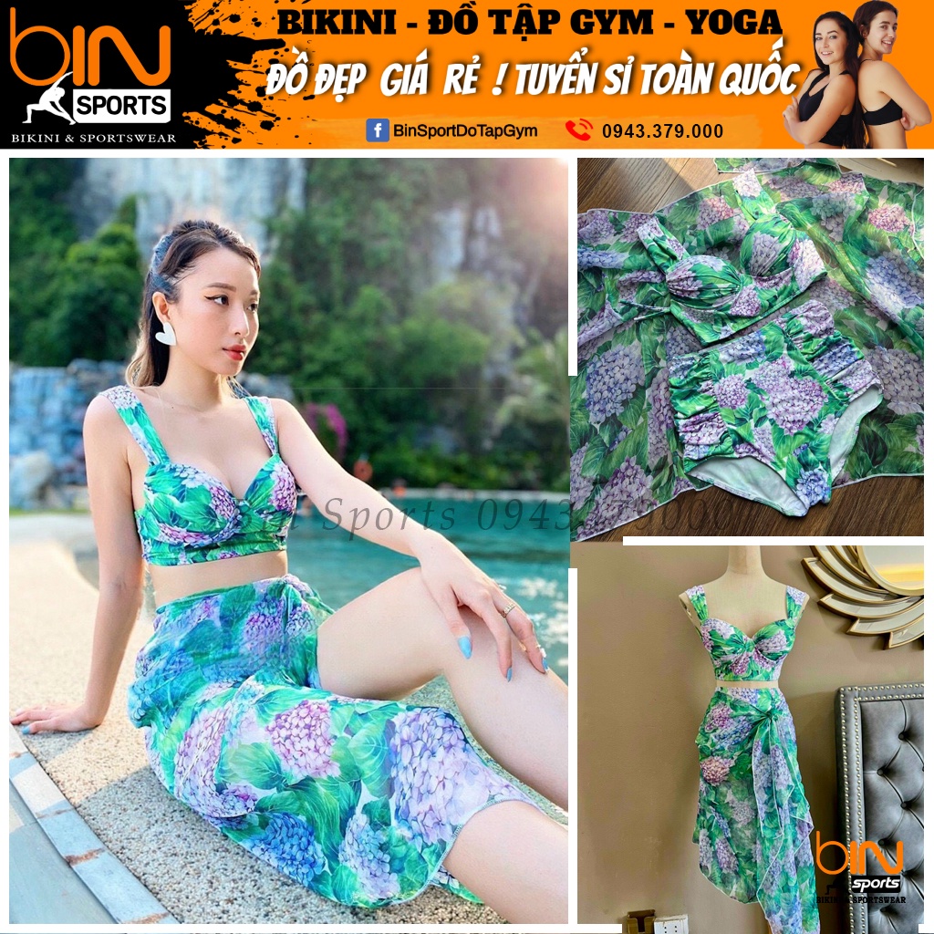 Bikini Nữ Hai Mảnh ComBo 3 Món, Đồ Bơi Đi Biển Hai Mảnh Kèm Khăn Voan Họa Tiết Sang Đẹp Binsports BHV165 Hoa Tú Cầu