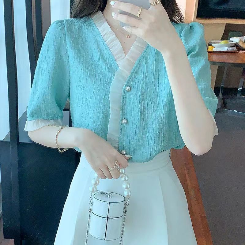 Áo Voan Ngắn Tay Cổ Chữ V Phong Cách Phương Tây Thời Trang Mùa Hè Cho Nữ