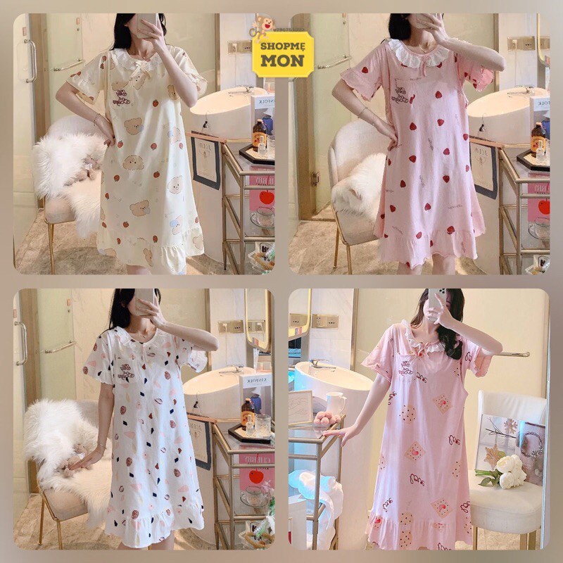 Váy Bầu Mặc Nhà Cho Con Bú Sau Sinh Chất Cotton Cổ Bèo