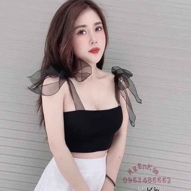 Áo croptop ôm body 2 dây ruy băng hot hit 2 màu đen trắng