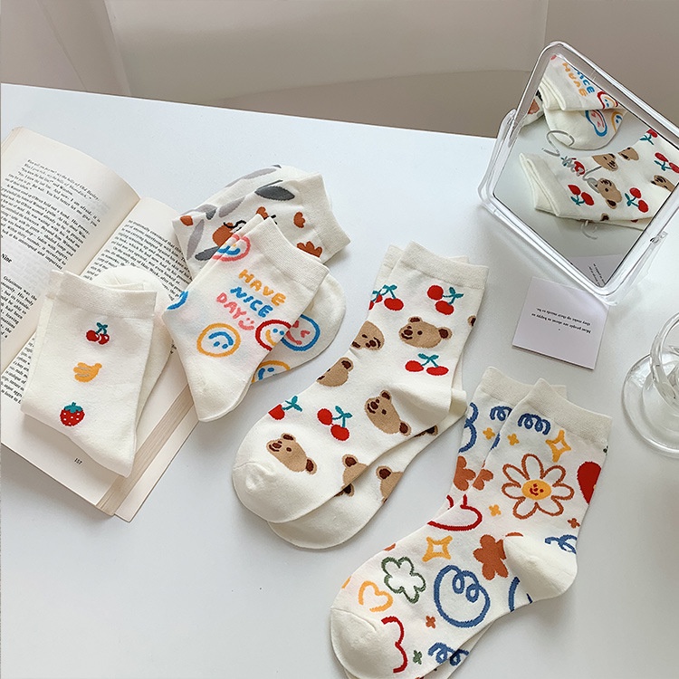 Hàng Mới Về Mới Đôi Tất Cotton Màu Trơn In Hình Trái Cây Dễ Thương