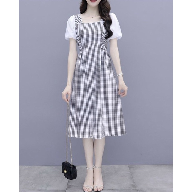 Đầm váy caro phối tay trắng thắt eo