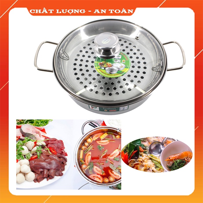 ⭕Giadụngchínhhãng⭕ Nồi lẩu um xào tặng vỉ hấp nắp kính inox sáng bóng dùng mọi loại Bếp Từ cao cấp chính hãng Tithafac