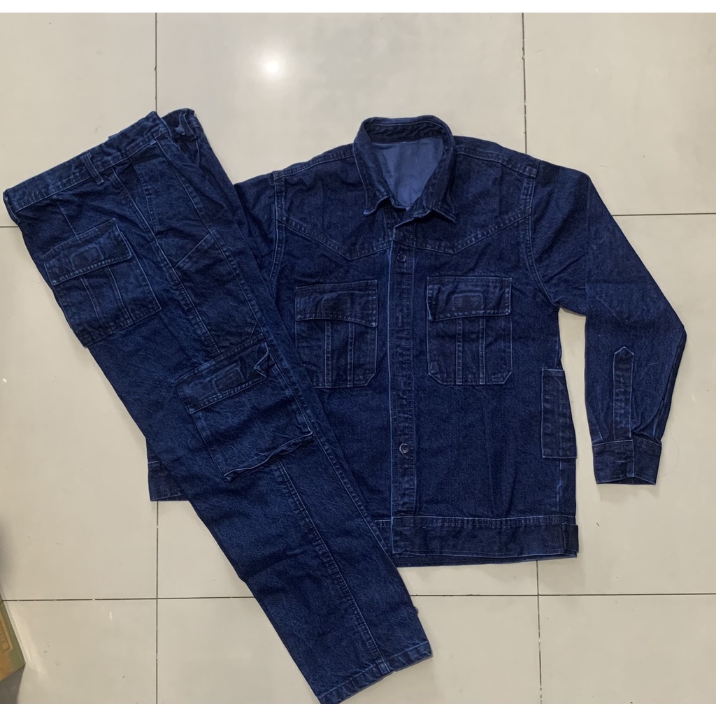 Quần áo bảo hộ lao động nam vải jean thợ điện thợ hàn LOẠI CAO CẤP, quần bò túi hộp có nút gài ống quần áo nhiều túi.
