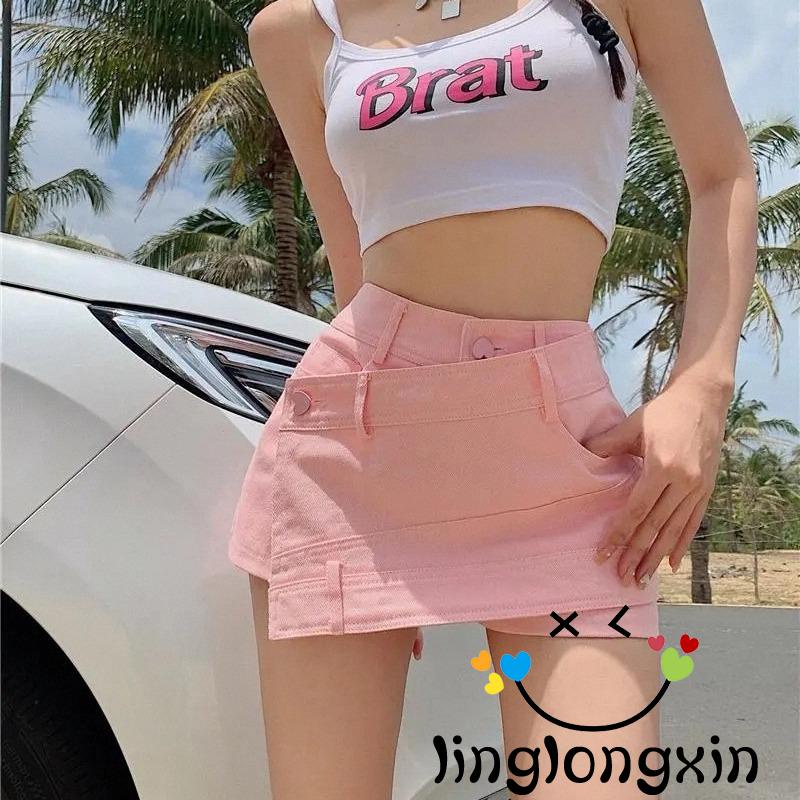 ❀Rc❀Quần Jeans Ngắn Ống Rộng Lưng Cao Màu Trơn Thời Trang Mùa Hè Cho Nữ