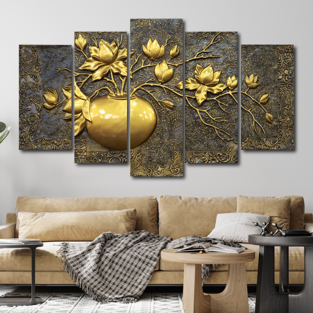 Tranh treo tường canvas lọ hoa phát tài decor trang trí phòng khách, phòng ngủ, cầu thang có khung cao cấp khổ lớn 5 bức