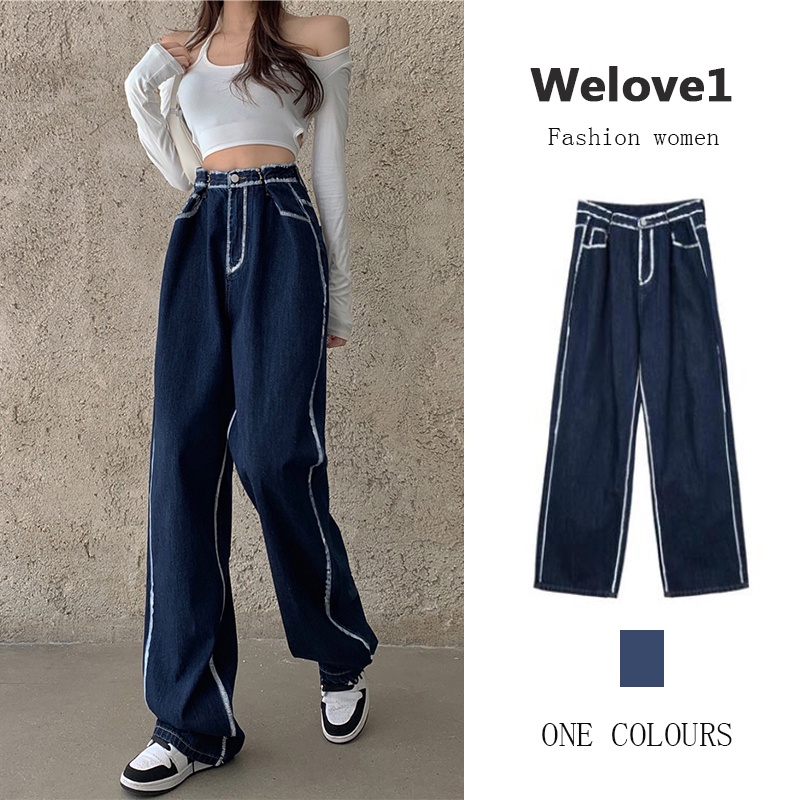 Quần denim Xanh Ống Rộng Lưng Cao Thiết Kế Mới Thời Trang Theo Phong Cách Mỹ Cho Nữ