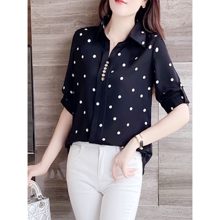 Áo Sơ Mi Nữ Chấm Bi Tay Lỡ Cài Cúc