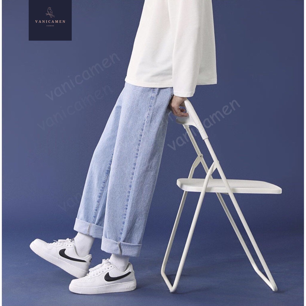 Quần Baggy Nam Lb, Vải Jean Denim Cotton, Màu Xanh Trơn, Ống Rộng Dáng Suông Bgsh4, Size M-l-xl